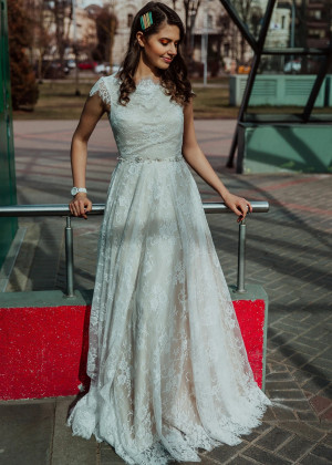 Ivory Eyelash Lace Tie Back Dreamy Wedding Dress